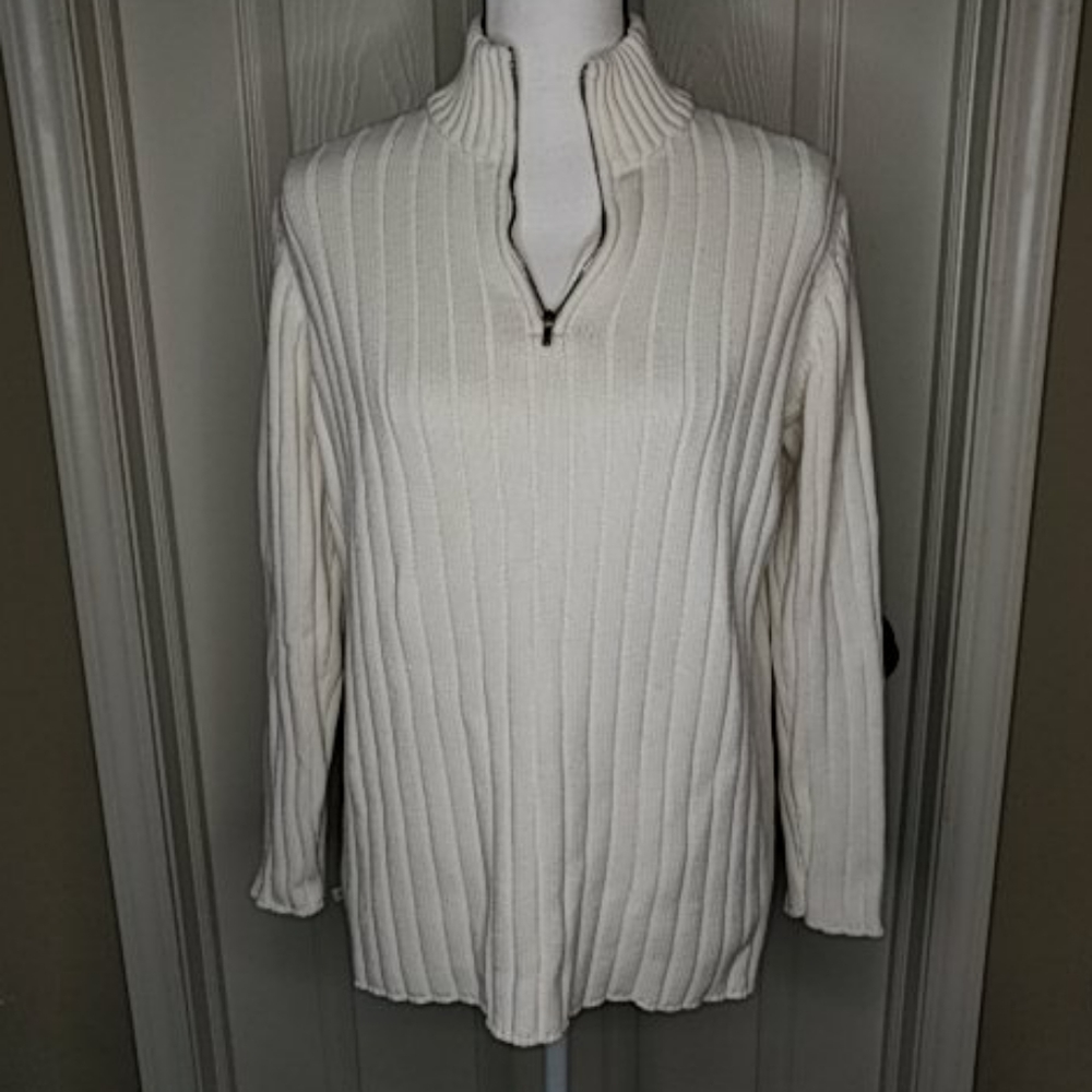 Lauren by Ralph Lauren Cream Ribbed Knit Sweater Gold Zipper Sz M